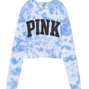 Pink Victoria’s Secret blue white tie dye cropped long sleeve crop top shirt M